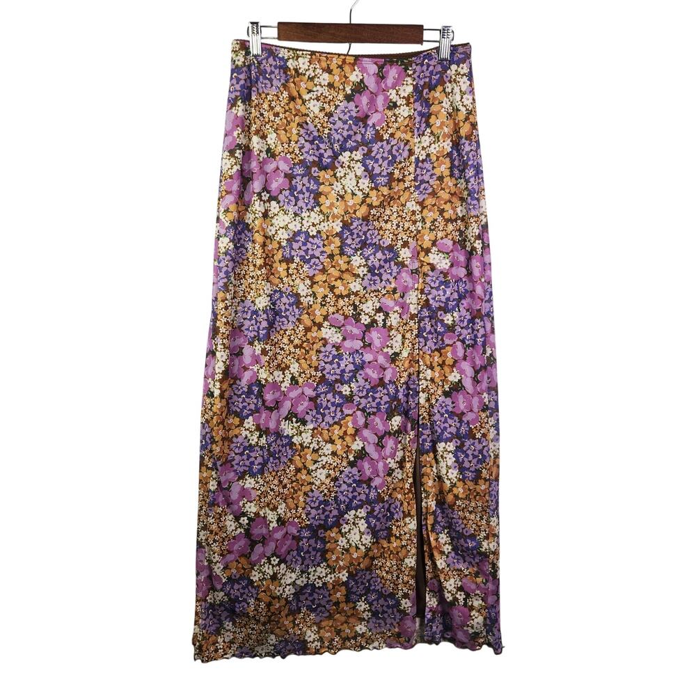 Y2K Originality Floral Mesh Maxi Skirt XL Stretch Purple Brown Boho Feminine 90s
